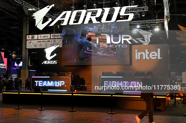 The brand of motherboards for gamers' PCs, ''AORUS,'' displays its hardware at the ''Paris Games Week'' video-game fair in Paris, France, on...