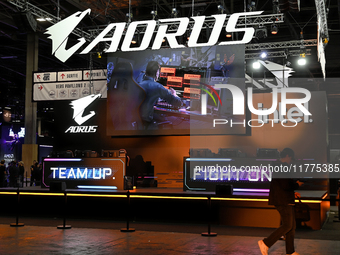 The brand of motherboards for gamers' PCs, ''AORUS,'' displays its hardware at the ''Paris Games Week'' video-game fair in Paris, France, on...