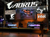 The brand of motherboards for gamers' PCs, ''AORUS,'' displays its hardware at the ''Paris Games Week'' video-game fair in Paris, France, on...