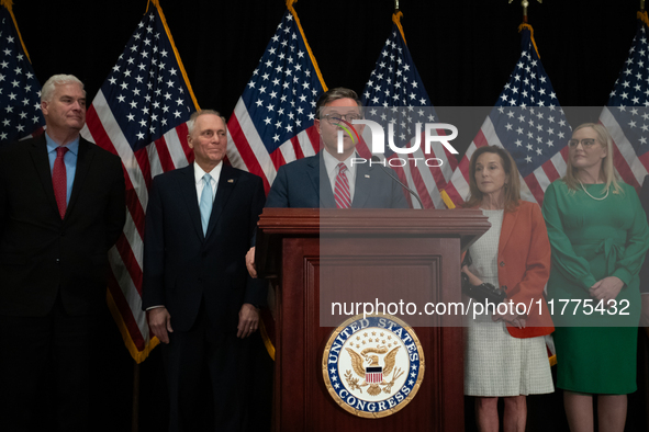 House Speaker Mike Johnson (R-LA) speaks at a press conference with House Republican leaders following caucus elections on Capitol Hill in W...