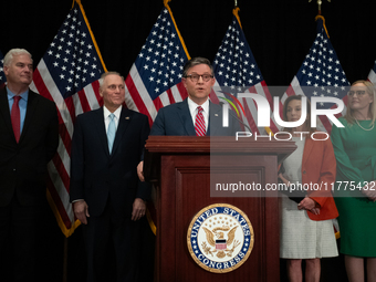 House Speaker Mike Johnson (R-LA) speaks at a press conference with House Republican leaders following caucus elections on Capitol Hill in W...