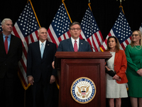 House Speaker Mike Johnson (R-LA) speaks at a press conference with House Republican leaders following caucus elections on Capitol Hill in W...