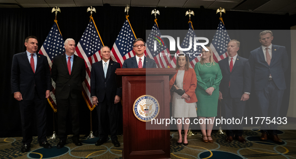 House Speaker Mike Johnson (R-LA) introduces the newly elected House Republican leadership during a press conference on Capitol Hill in Wash...