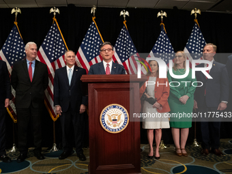 House Speaker Mike Johnson (R-LA) introduces the newly elected House Republican leadership during a press conference on Capitol Hill in Wash...