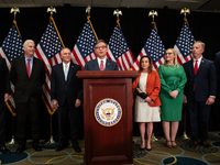 House Speaker Mike Johnson (R-LA) introduces the newly elected House Republican leadership during a press conference on Capitol Hill in Wash...