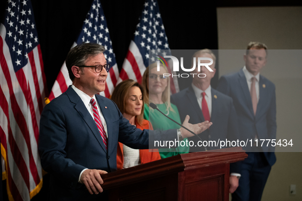 House Speaker Mike Johnson (R-LA) speaks at a press conference with House Republican leaders following caucus elections on Capitol Hill in W...