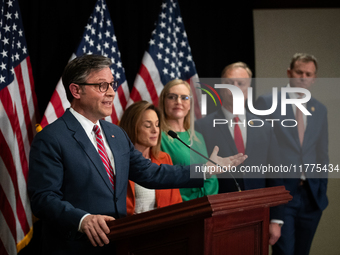 House Speaker Mike Johnson (R-LA) speaks at a press conference with House Republican leaders following caucus elections on Capitol Hill in W...