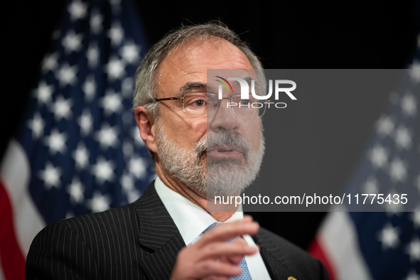 Freedom Caucus chair Andy Harris (R-MD) speaks during a press conference with House Republican leaders following caucus elections on Capitol...