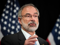 Freedom Caucus chair Andy Harris (R-MD) speaks during a press conference with House Republican leaders following caucus elections on Capitol...