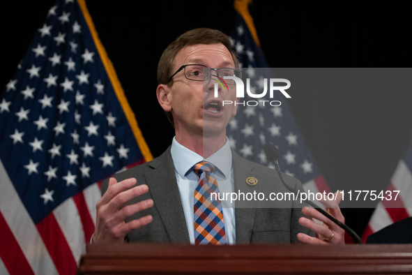 Main Street Caucus chair Dusty Johnson (R-SD) speaks during a press conference with House Republican leaders following caucus elections on C...