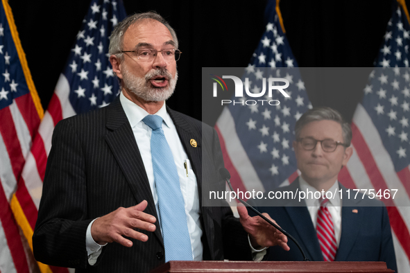 Freedom Caucus chair Andy Harris (R-MD) speaks during a press conference with House Republican leaders following caucus elections on Capitol...