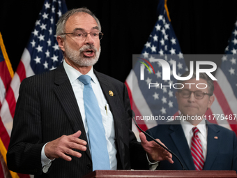 Freedom Caucus chair Andy Harris (R-MD) speaks during a press conference with House Republican leaders following caucus elections on Capitol...