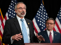 Freedom Caucus chair Andy Harris (R-MD) speaks during a press conference with House Republican leaders following caucus elections on Capitol...