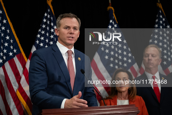 House  Republican Conference Vice Chair Blake Moore (R-UT) speaks at a press conference with House Republican leaders following caucus elect...