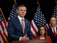 House  Republican Conference Vice Chair Blake Moore (R-UT) speaks at a press conference with House Republican leaders following caucus elect...