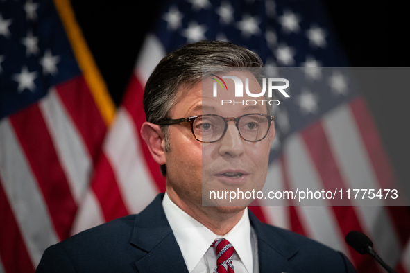 House Speaker Mike Johnson (R-LA) speaks at a press conference with House Republican leaders following caucus elections on Capitol Hill in W...