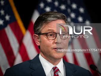 House Speaker Mike Johnson (R-LA) speaks at a press conference with House Republican leaders following caucus elections on Capitol Hill in W...