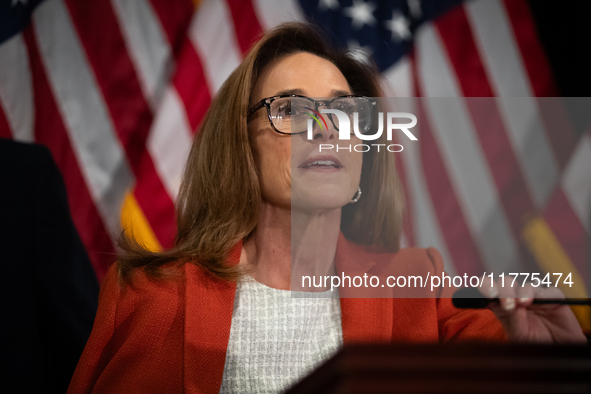 House Republican Conference Chair Lisa McClain (R-MI) speaks at a press conference with House Republican leaders following caucus elections...