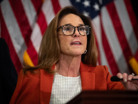 House Republican Conference Chair Lisa McClain (R-MI) speaks at a press conference with House Republican leaders following caucus elections...