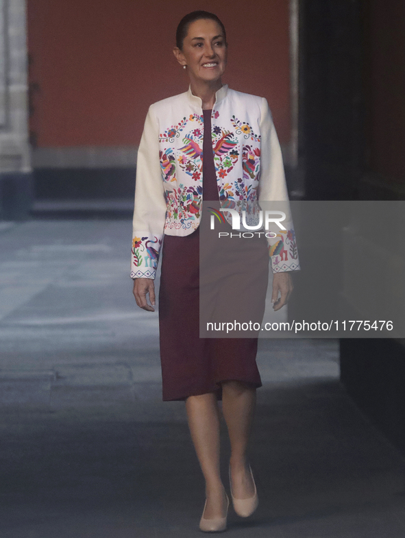 Claudia Sheinbaum (white jacket), President of Mexico, is at the National Palace in Mexico City, Mexico, during the announcement of the next...