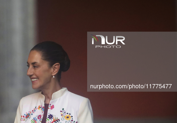 Claudia Sheinbaum (white jacket), President of Mexico, is at the National Palace in Mexico City, Mexico, during the announcement of the next...