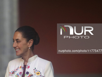 Claudia Sheinbaum (white jacket), President of Mexico, is at the National Palace in Mexico City, Mexico, during the announcement of the next...