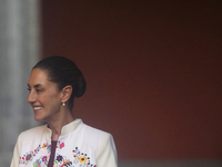 Claudia Sheinbaum (white jacket), President of Mexico, is at the National Palace in Mexico City, Mexico, during the announcement of the next...