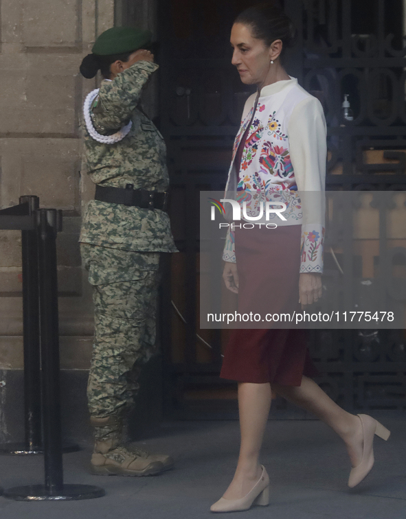 Claudia Sheinbaum (white jacket), President of Mexico, is at the National Palace in Mexico City, Mexico, during the announcement of the next...