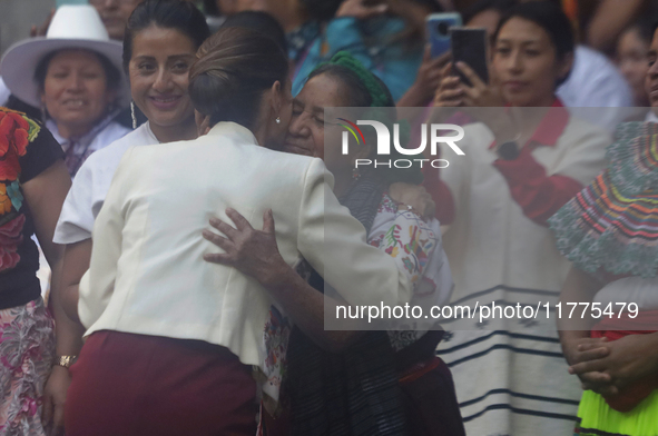 Claudia Sheinbaum (white jacket), President of Mexico, is at the National Palace in Mexico City, Mexico, during the announcement of the next...