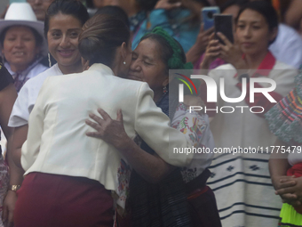 Claudia Sheinbaum (white jacket), President of Mexico, is at the National Palace in Mexico City, Mexico, during the announcement of the next...