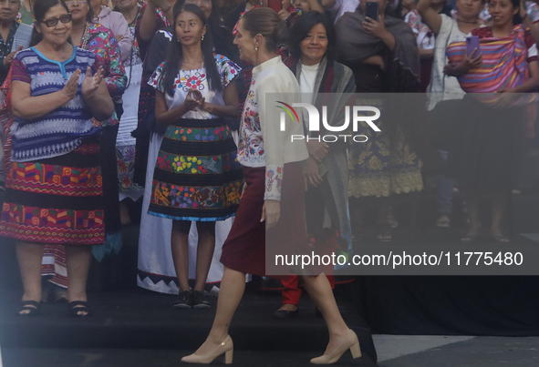 Claudia Sheinbaum (white jacket), President of Mexico, is at the National Palace in Mexico City, Mexico, during the announcement of the next...