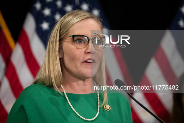 House Republican Conference Secretary Erin Houchin (R-IN) speaks at a press conference with House Republican leaders following caucus electi...