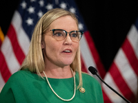 House Republican Conference Secretary Erin Houchin (R-IN) speaks at a press conference with House Republican leaders following caucus electi...