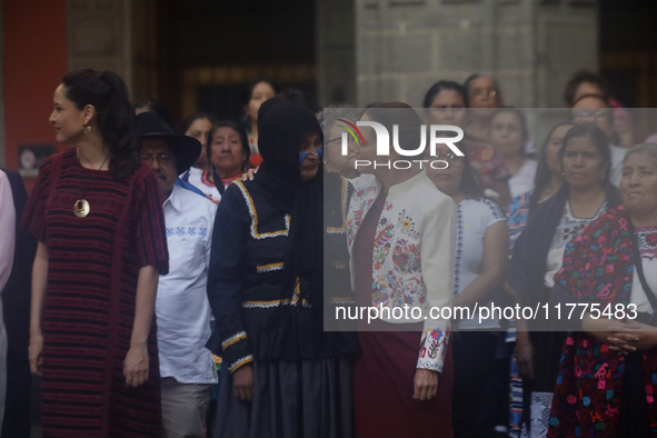 Claudia Sheinbaum (white jacket), President of Mexico, is at the National Palace in Mexico City, Mexico, during the announcement of the next...