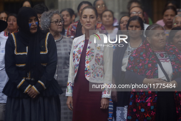 Claudia Sheinbaum (white jacket), President of Mexico, is at the National Palace in Mexico City, Mexico, during the announcement of the next...