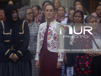 Claudia Sheinbaum (white jacket), President of Mexico, is at the National Palace in Mexico City, Mexico, during the announcement of the next...