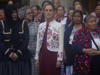 Claudia Sheinbaum (white jacket), President of Mexico, is at the National Palace in Mexico City, Mexico, during the announcement of the next...