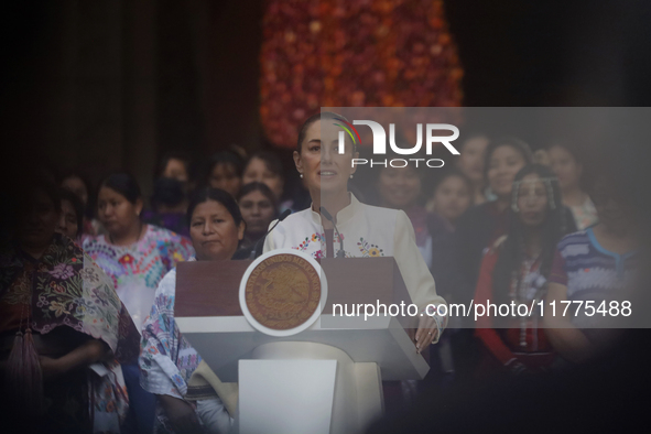 Claudia Sheinbaum (white jacket), President of Mexico, is at the National Palace in Mexico City, Mexico, during the announcement of the next...