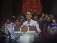 Claudia Sheinbaum (white jacket), President of Mexico, is at the National Palace in Mexico City, Mexico, during the announcement of the next...