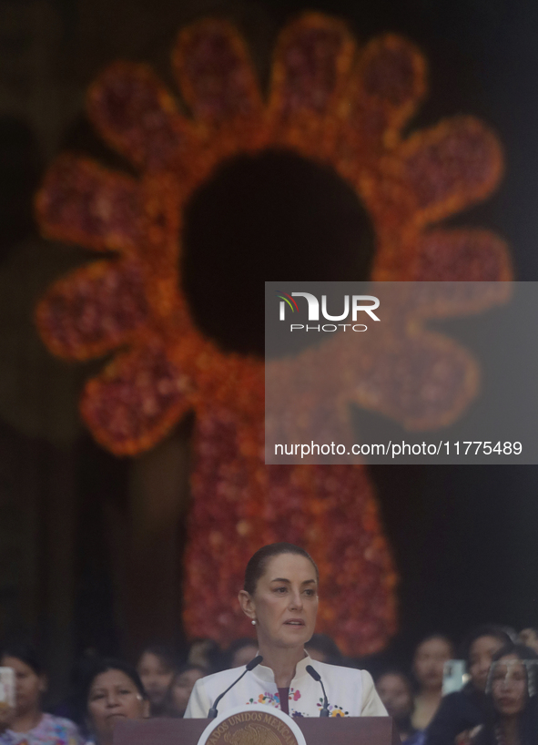 Claudia Sheinbaum (white jacket), President of Mexico, is at the National Palace in Mexico City, Mexico, during the announcement of the next...