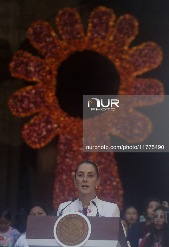 Claudia Sheinbaum (white jacket), President of Mexico, is at the National Palace in Mexico City, Mexico, during the announcement of the next...