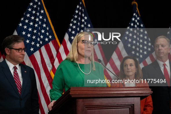 House Republican Conference Secretary Erin Houchin (R-IN) speaks at a press conference with House Republican leaders following caucus electi...