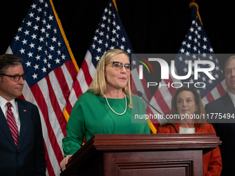 House Republican Conference Secretary Erin Houchin (R-IN) speaks at a press conference with House Republican leaders following caucus electi...