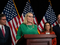 House Republican Conference Secretary Erin Houchin (R-IN) speaks at a press conference with House Republican leaders following caucus electi...