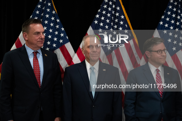 Rep. Richard Hudson (R-NC), House Majority Leader Steve Scalise (R-LA) and House Speaker Mike Johnson (R-LA) participate in a press conferen...