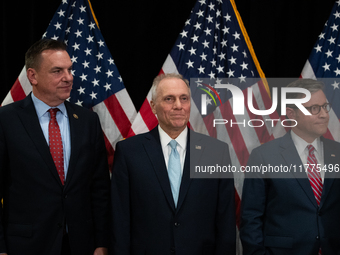 Rep. Richard Hudson (R-NC), House Majority Leader Steve Scalise (R-LA) and House Speaker Mike Johnson (R-LA) participate in a press conferen...