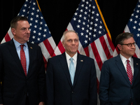 Rep. Richard Hudson (R-NC), House Majority Leader Steve Scalise (R-LA) and House Speaker Mike Johnson (R-LA) participate in a press conferen...