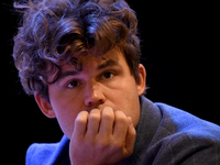 Norway's five-time world chess champion Magnus Carlsen participates in the first day of the 6th Tata Steel Chess India Rapid & Blitz Chess t...