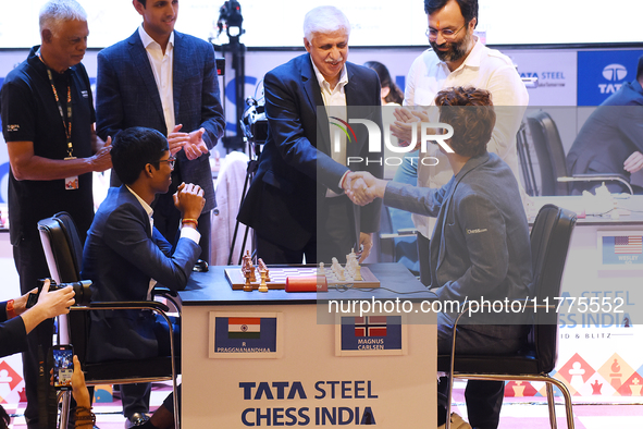 Norway's five-time world chess champion Magnus Carlsen and Mr. Chanakya Chaudhary, Vice President of Corporate Service at Tata Steel, attend...