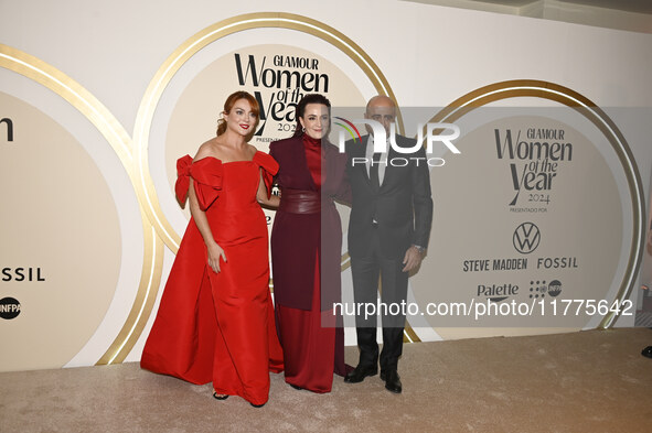 (L-R) Samantha Barry, Farah Slim, and Javier Esteban attend the red carpet for Glamour Women of The Year 2024 at the Four Seasons Hotel in M...